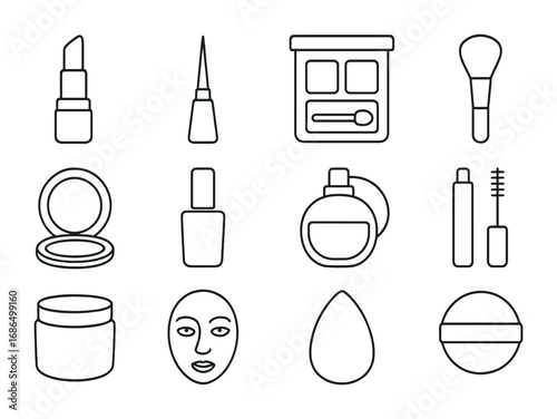 Beauty Icons Grid. Outline icon set of beauty and makeup diversity: lipstick, eyeliner, face palette, blush
