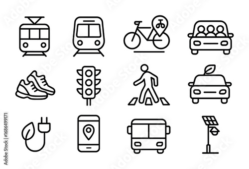 Sustainable Mobility Icons. Outline icon set of sustainable urban mobility: tram, subway, shared bike, carpool