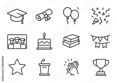 Graduation Celebration Icons. Outline icon set of graduation parties: graduation cap, diploma, balloons,