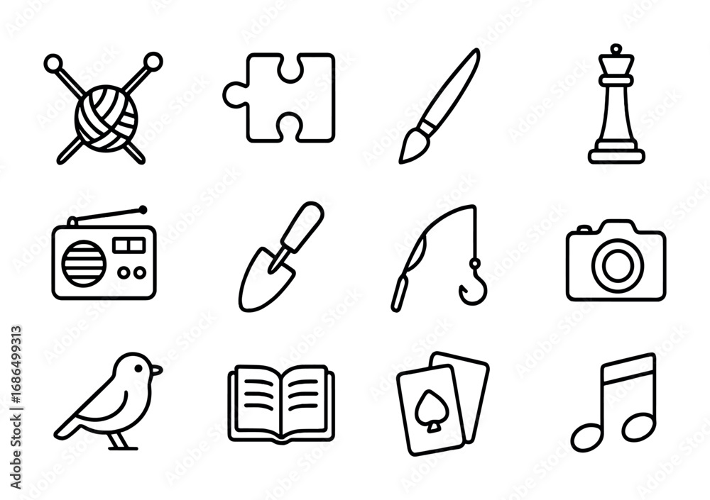 Obraz premium Senior Hobby Icons. Outline icon set of senior hobbies and activities: knitting needles, puzzle piece,