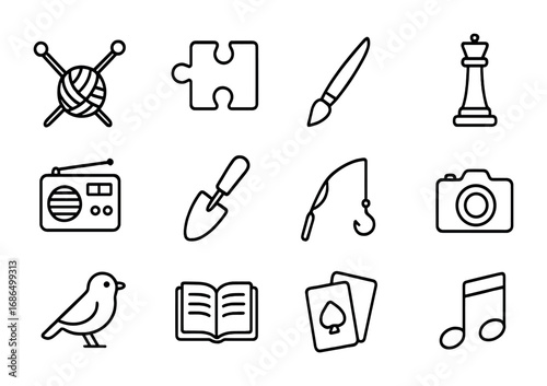 Senior Hobby Icons. Outline icon set of senior hobbies and activities: knitting needles, puzzle piece,
