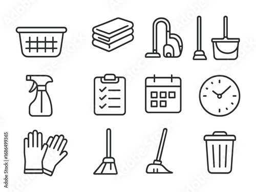 Chore Icons Grid. Outline icon set of house chores with lost items: laundry basket, folded clothes, vacuum