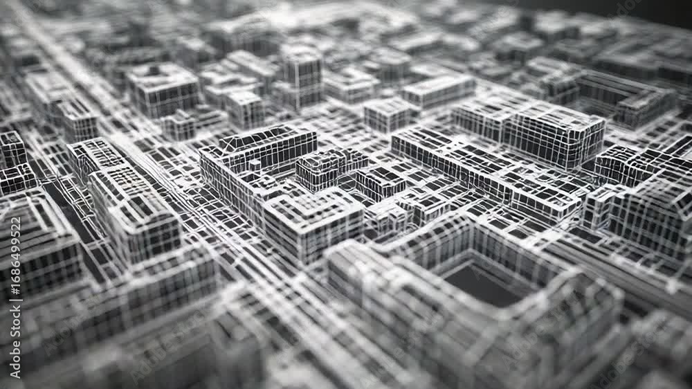 Complex wireframe cityscape expanding into the distance