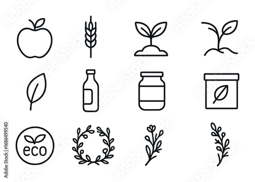 Organic Icon Set. Outline icon set of organic food label design: apple, wheat stalk, seedling, sprout, leaf,