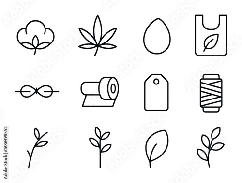 Natural Textile Icons. Outline icon set of natural textile packaging: cotton flower, hemp leaf, flax seed, eco
