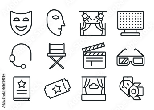 Theater Icons Collection. Outline icon set of modern theater shows: neon mask, abstract face, stage lights,