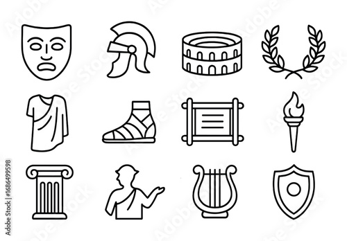 Classical Theater Icons. Outline icon set of classical theater performance: Greek mask, Roman helmet,