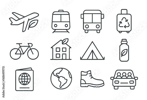 Sustainable Travel Icons. Outline icon set of sustainable travel: airplane with leaf, train, bus, luggage with
