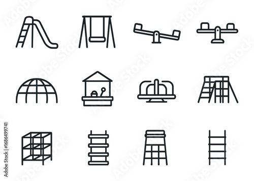 Playground Icon Set. Outline icon set of playground fun: slide, swing, seesaw, climbing frame, sandbox,