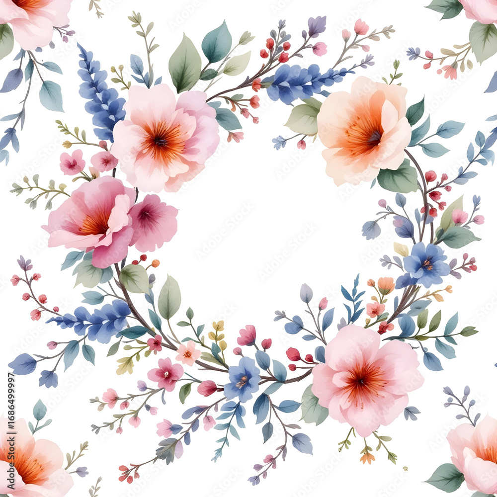 Obraz premium Watercolor floral pattern hand-painted wildflowers and leaves with ribbon on background for wallpaper&nbsp;and&nbsp;fabric