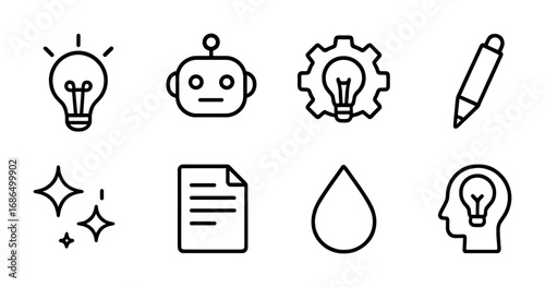 AI Creativity Icons. Outline icon set of AI creativity: light bulb, robot head, idea gear, digital pen,