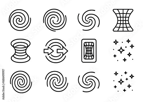 Wormhole Icons Grid. Outline icon set of wormholes: spiral tunnel, vortex, galaxy swirl, cosmic gate, energy