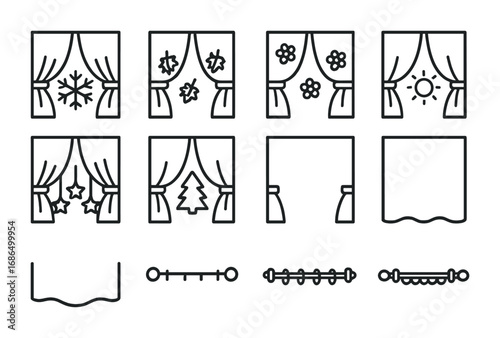 Seasonal Curtains Icons. Outline icon set of seasonal curtains: snowflake pattern, autumn leaves, spring