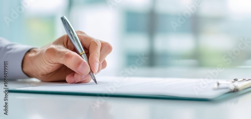 The hand writing on a clipboard document with pen in bright office environment