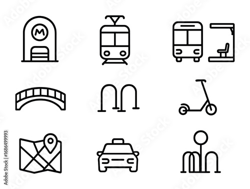 Transport Icon Grid. Outline icon set of transportation integration: metro station, tram, bus stop, pedestrian