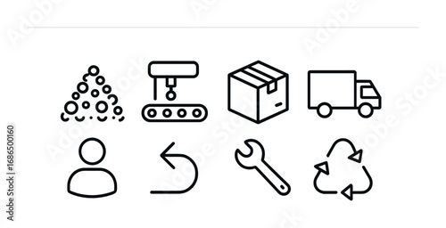 Product Lifecycle Icons. Outline icon set of product lifecycle: raw material, assembly line, packaging box,