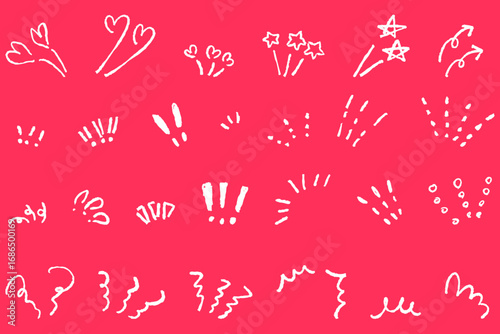 赤い背景に白い線画で描いた手書き風強調イラストセット