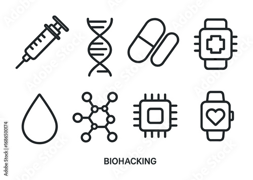 Biohacking Icon Set. Outline icon set of biohacking: syringe, DNA helix, pill capsule, wearable chip, droplet,