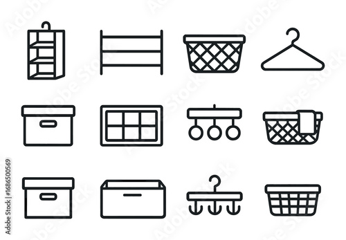 Closet Organization Icons. Outline icon set of closet organization: hanging shelf, shoe rack, woven bin,