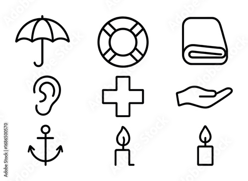 Support Icons Collection. Outline icon set of support through hardships: umbrella, lifebuoy, warm blanket,