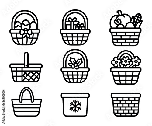 Seasonal Basket Icons. Outline icon set of seasonal baskets: Easter basket, holiday gift basket, autumn