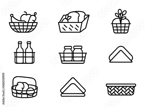 Kitchen Basket Icons. Outline icon set of kitchen storage baskets: fruit basket, bread basket, vegetable bin,