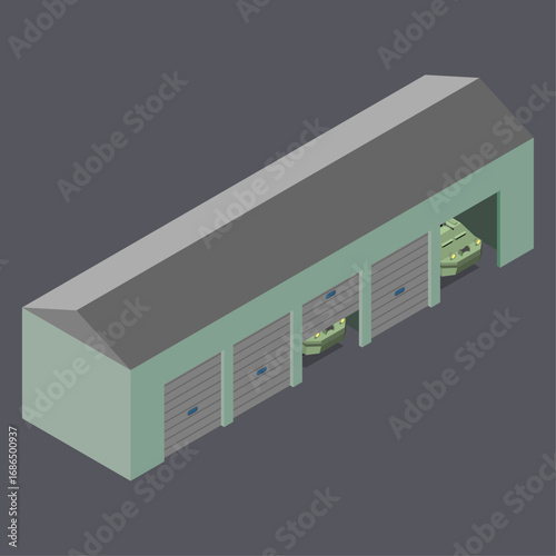 Concept of vehicle storage and security in an isometric garage complex with one open door