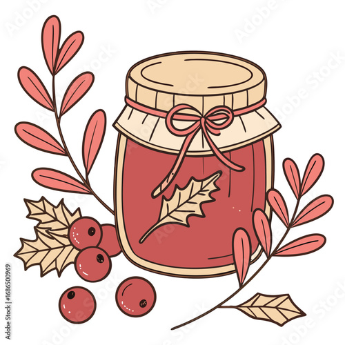Cranberry Sauce Jar with Autumn Leaves – Cozy Thanksgiving Vector Illustration. Perfect for: recipe books, food packaging, holiday branding