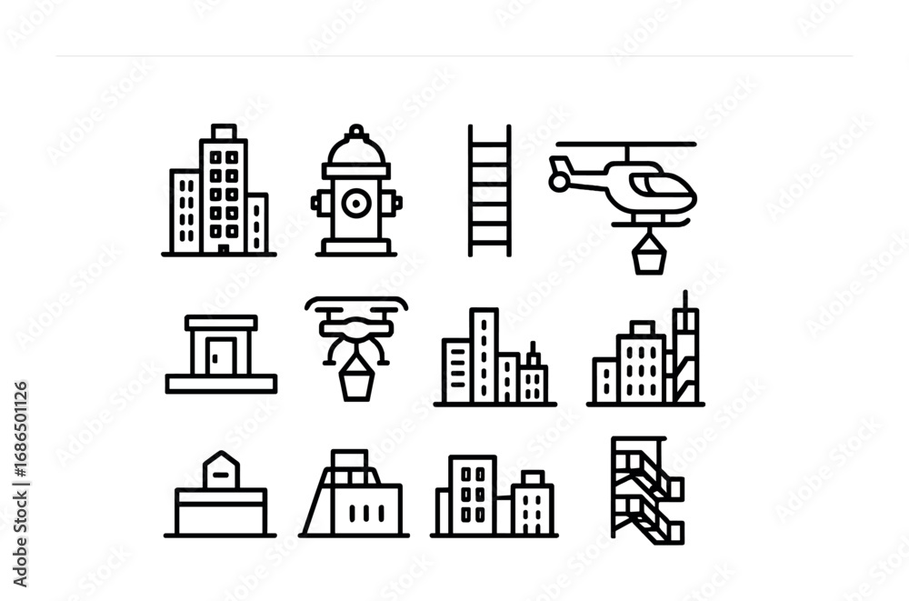 Fototapeta premium Urban Firefighting Icons. Outline icon set of urban firefighting: skyscraper, hydrant, ladder, helicopter,