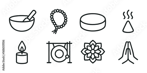 Meditation Tools Icons. Outline icon set of meditation tools: singing bowl, mala beads, yoga cushion, incense