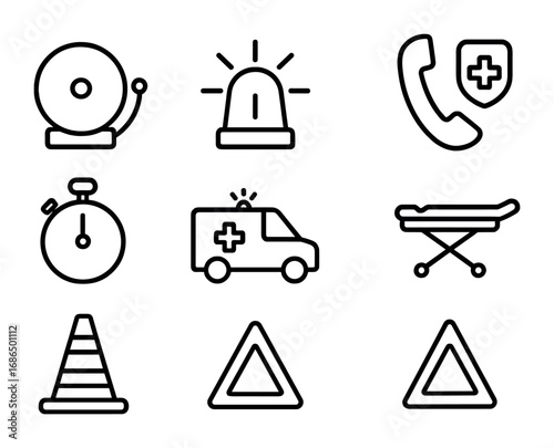 Emergency Icon Set. Outline icon set of emergency response: alarm bell, siren light, emergency phone,