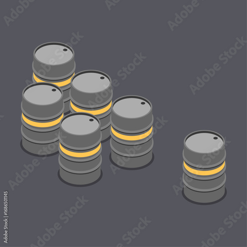 Isometric vector illustration of industrial oil barrels on a plain grey background