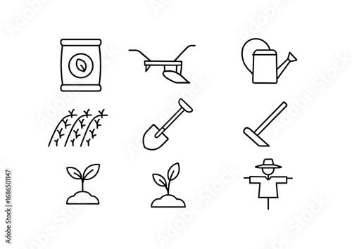 Crop Cultivation Icons. Outline icon set of crop cultivation: seed bag, plow, watering can, rows of crops,