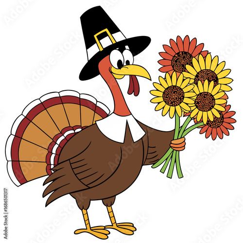 Pilgrim Turkey with Sunflowers – Bright Thanksgiving Vector Illustration. Perfect for: greeting cards, seasonal posters, floral branding