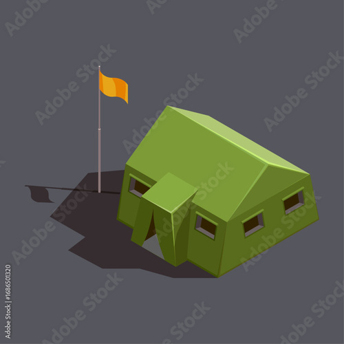 Isometric green military tent with a flag, concept of an army base or field camp