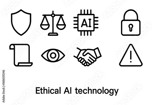 Ethical AI Icons. Outline icon set of ethical AI technology: shield, balance scale, AI chip, lock, guidelines