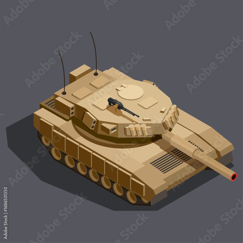 Isometric Illustration of a Military Tank with a Long Gun on a Dark Background