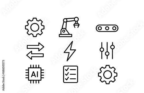 Automation Icon Set. Outline icon set of automation: gear, robotic arm, conveyor belt, AI chip, flow arrows,