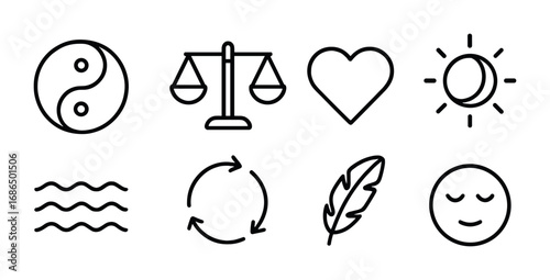 Emotional Balance Icons. Outline icon set of emotional balance: yin-yang, scale, heart, sun and moon, water