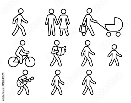 Pedestrian Outline Icons. Outline icon set of pedestrians: walking figure, couple holding hands, person with