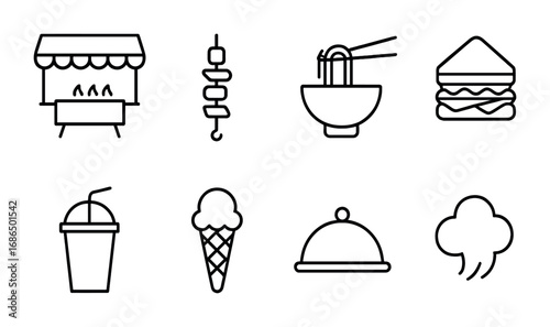 Food Stall Icons. Outline icon set of food stalls: grill stand, skewer, bowl of noodles, sandwich, soda cup,