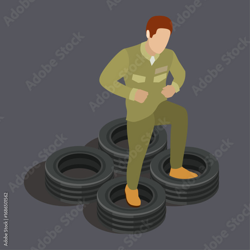 Isometric man training Stepping over tires for physical challenge and strength