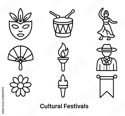 Cultural Festival Icons. Outline icon set of cultural festivals: mask, traditional drum, dancer, fan, torch,