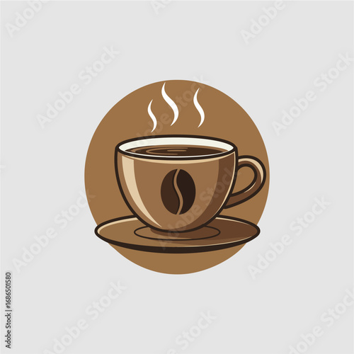 Stylized illustration of a steaming cup of coffee with a coffee bean design on the cup, set against a brown circular background.