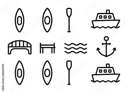 River Transport Icons. Outline icon set of river transportation: canoe, kayak, paddle, ferry boat, bridge,