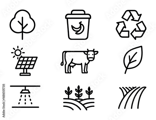 Sustainable Farming Icons. Outline icon set of sustainable farming: tree, compost bin, recycle arrows, solar