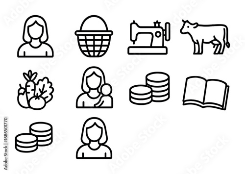 Rural Economy Icons. Outline icon set of women in rural economy: woman figure, basket, sewing machine, cow,