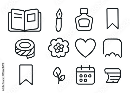 Creative Journaling Icons. Outline icon set of creative journaling: notebook, fountain pen, ink bottle, washi