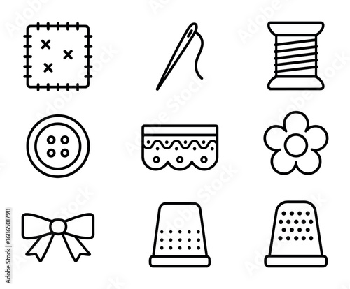Crafting Icon Set. Outline icon set of fabric and textile scrapbooking: fabric patch, needle, thread spool,