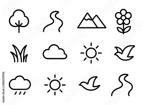 Park Landscape Icons. Outline icon set of park landscape art: tree, river, mountain, flower, grass, cloud, sun